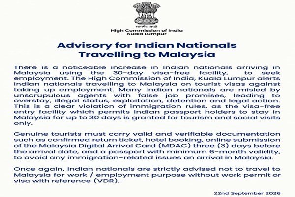Indian High Commission Warns Nationals Against Jobs in Malaysia on Tourist Visa