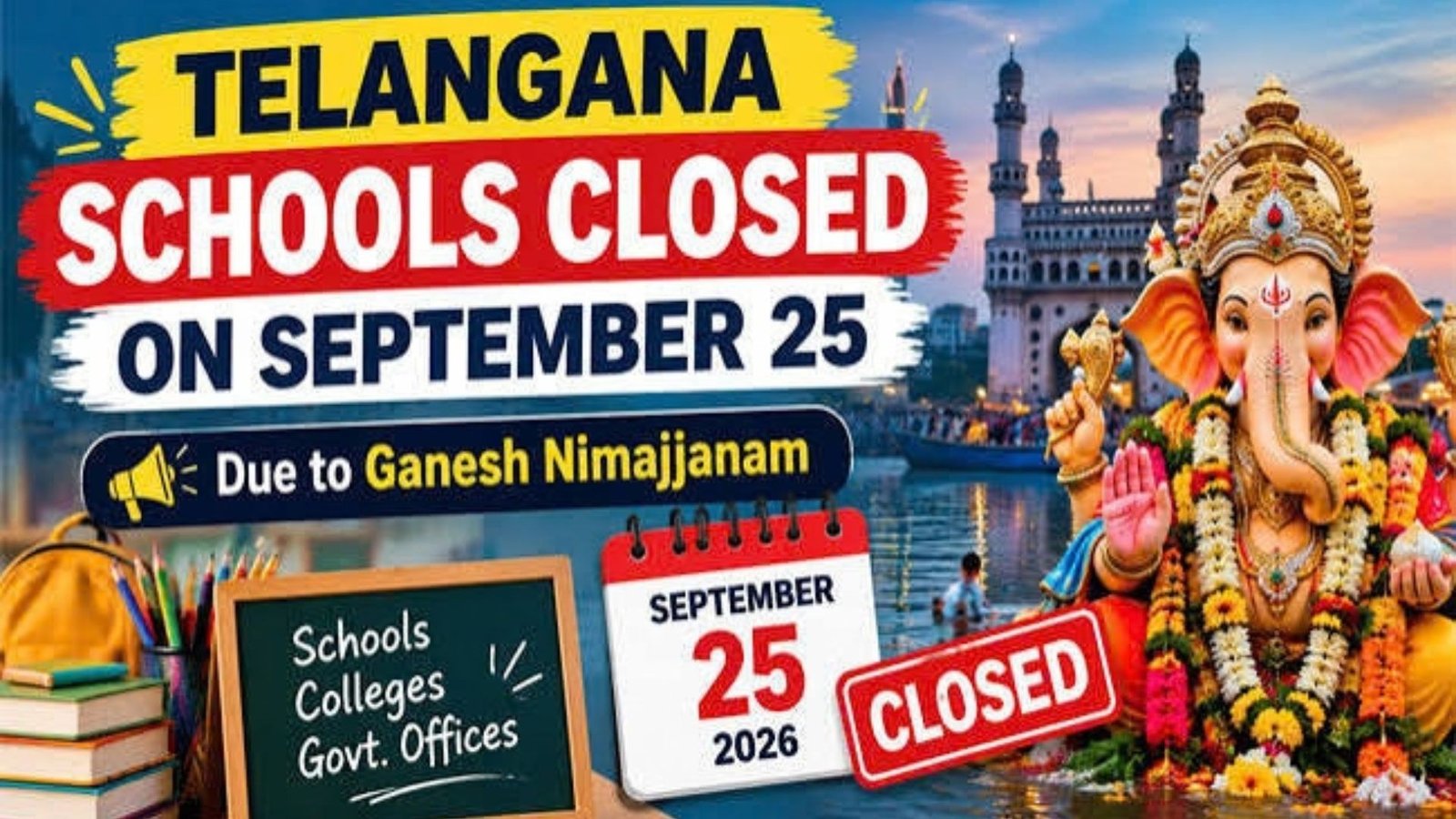 Telangana School Holiday September 25: Schools, Colleges to Remain Closed for Ganesh Visarjan