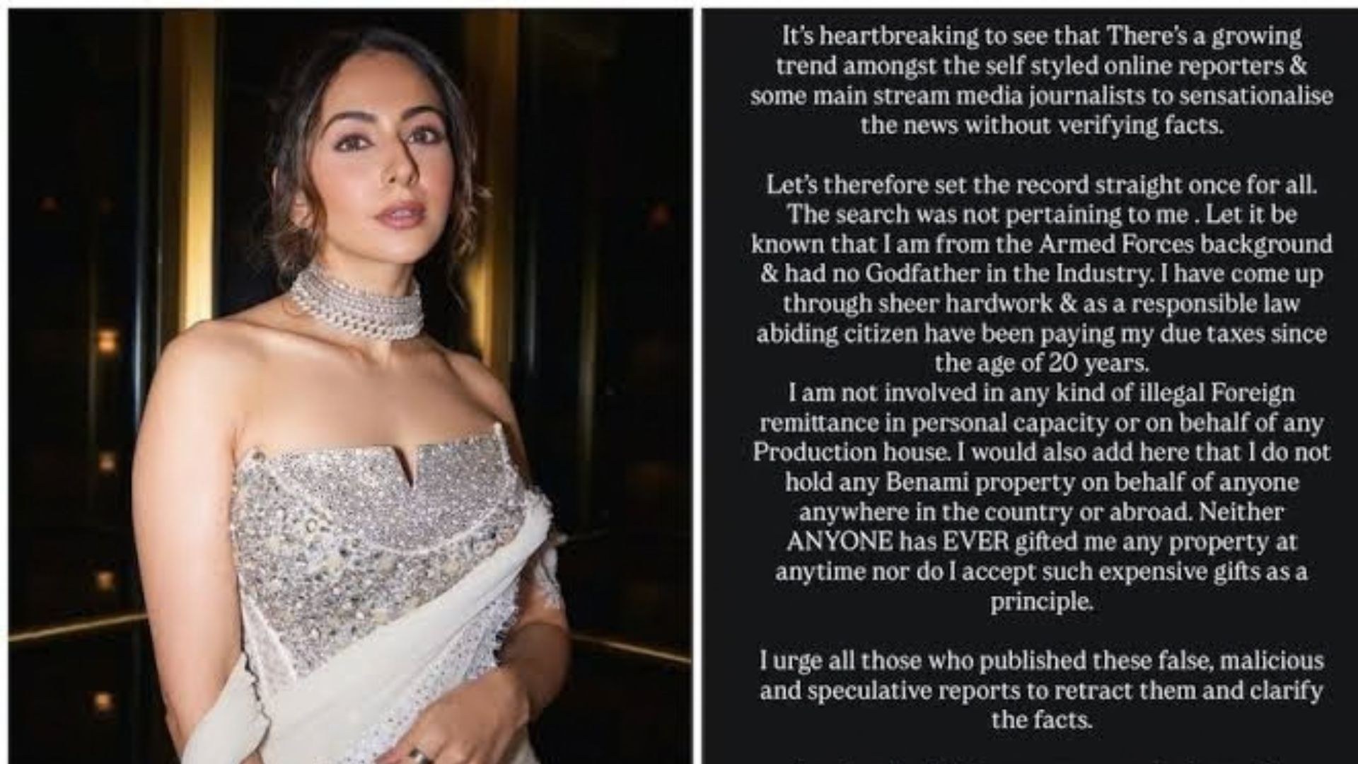 Rakul Preet Singh addresses reports linking her to recent Income Tax searches in Mumbai.