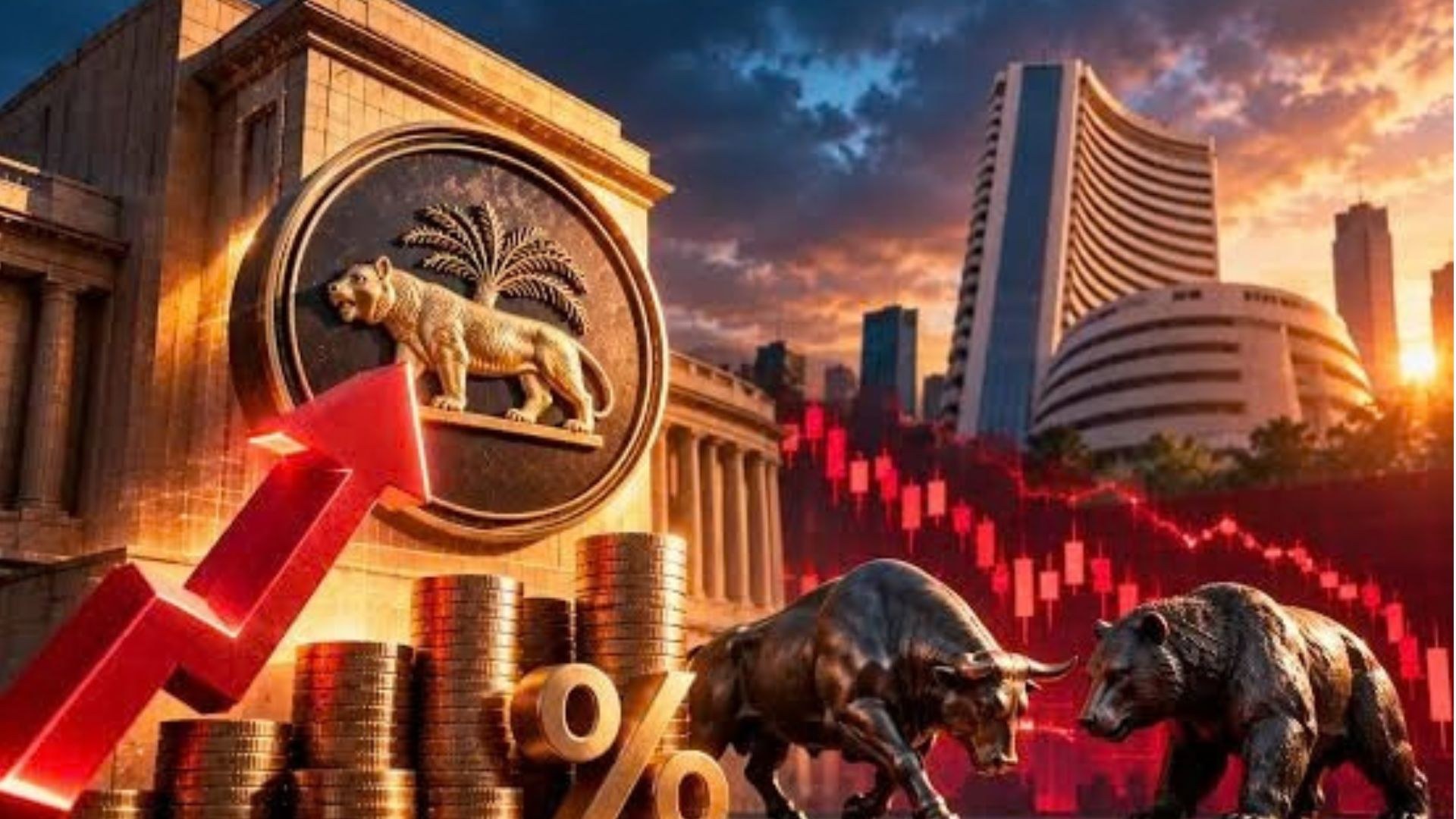 Sensex and Nifty decline after the RBI raises the repo rate by 25 basis points.