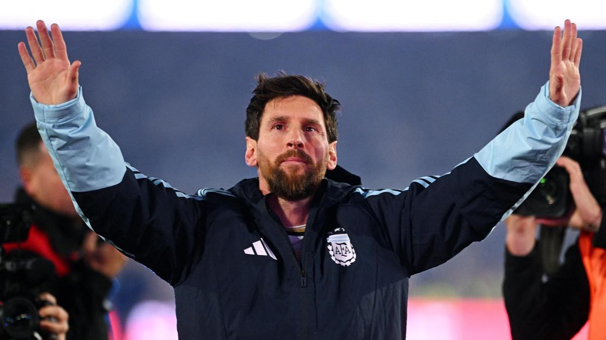Lionel Messi acknowledges fans during his final international match.