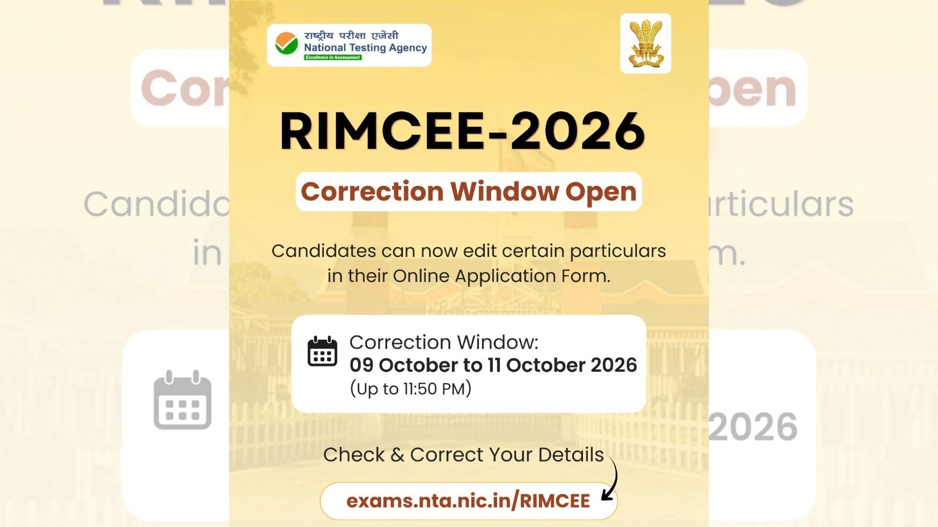 RIMCEE 2026 candidates can correct permitted application details through the official NTA portal until October 11.