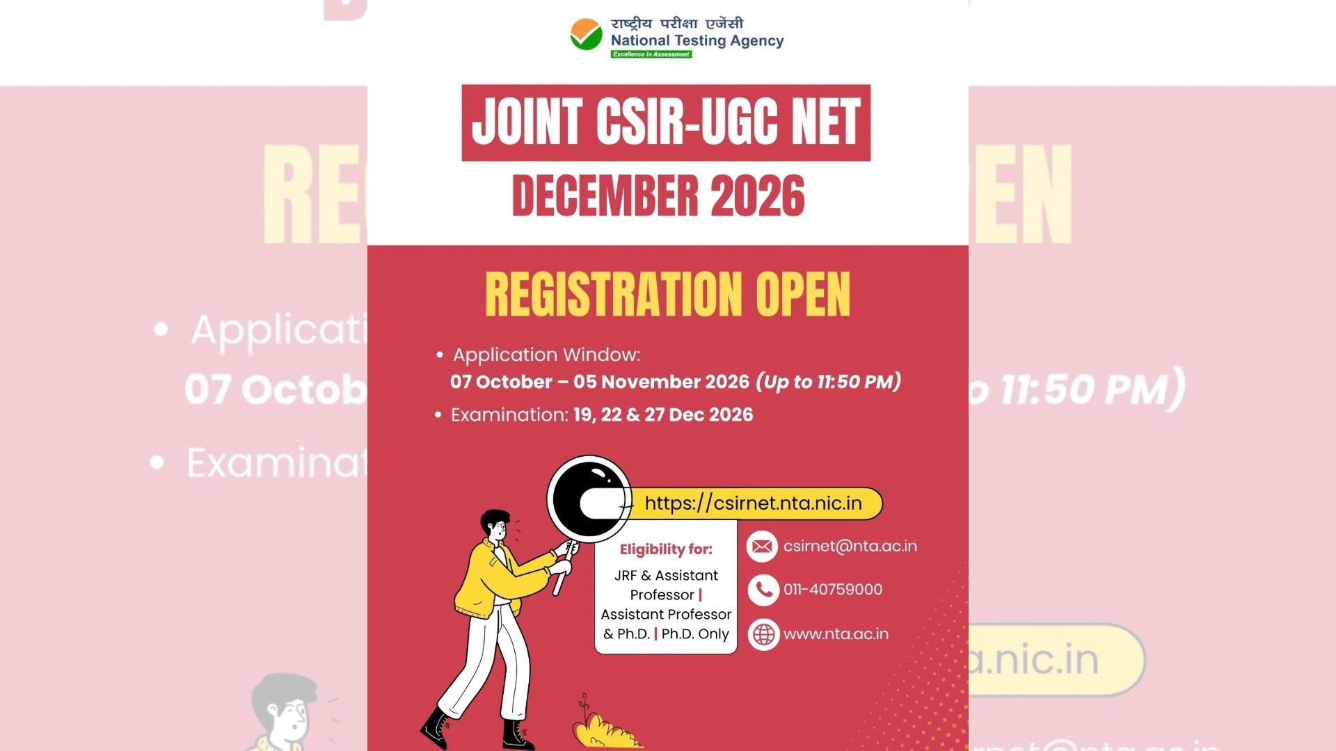 Joint CSIR-UGC NET December 2026 applications are open through the official NTA portal until November 5.