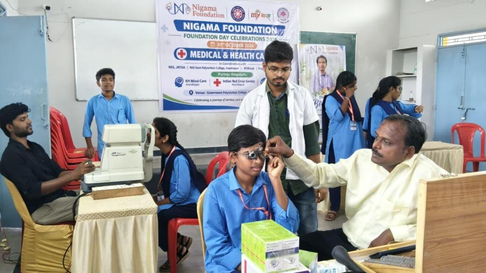 Students undergo health screenings during a free medical camp organised at Government Polytechnic College in Anantapur.