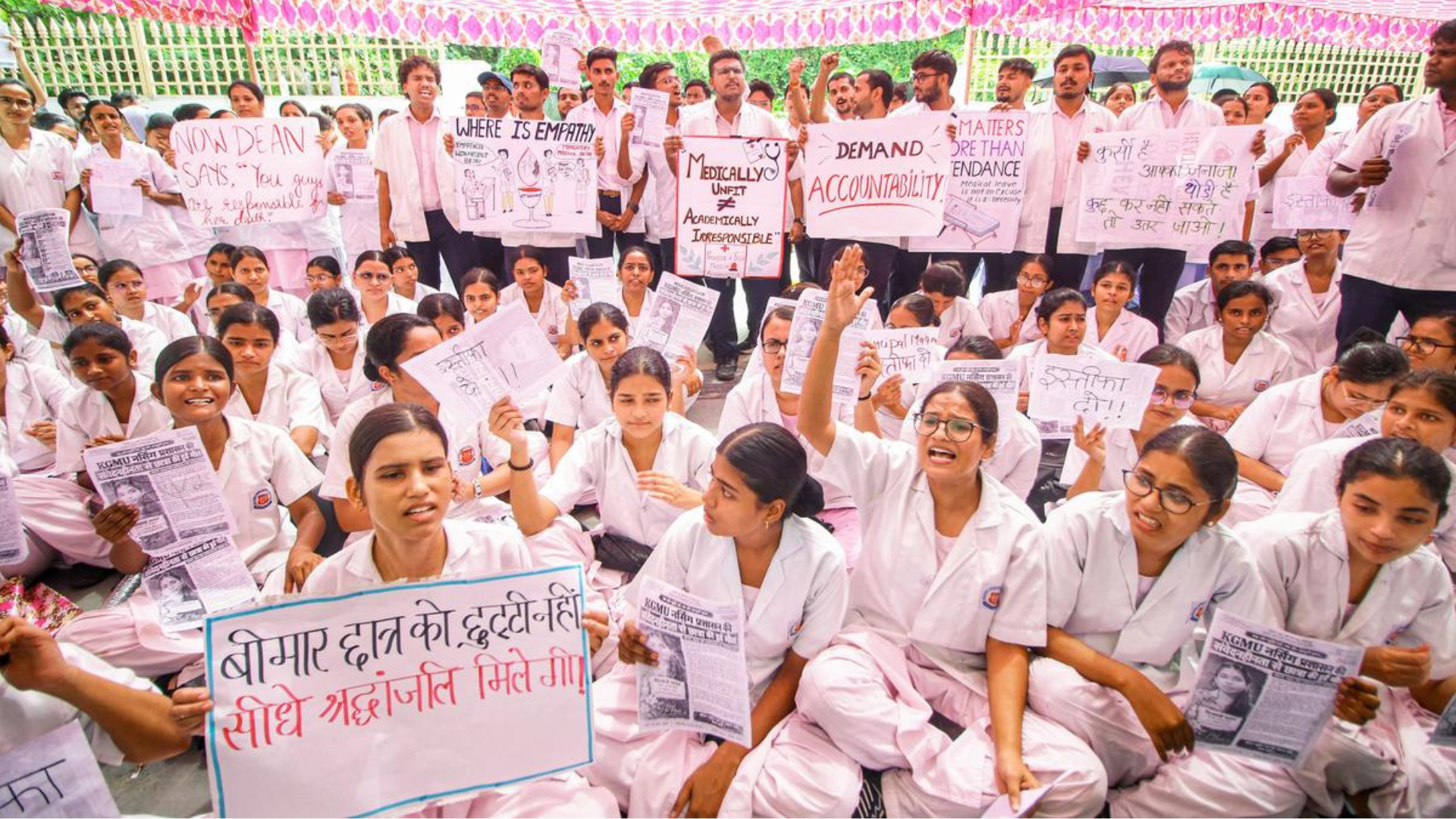 Nursing students protest at KGMU in Lucknow, raising concerns about attendance requirements and medical leave following a student's death from dengue.