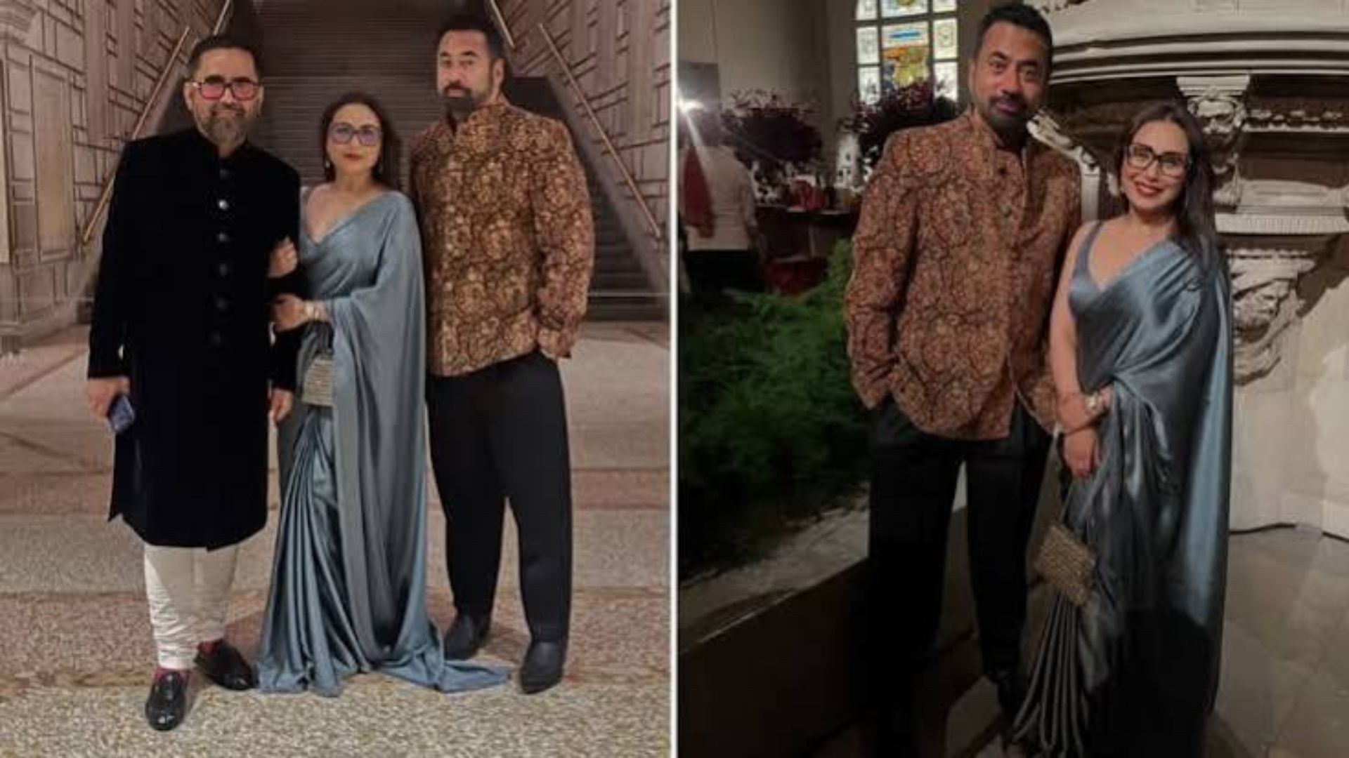 Rani Mukerji pairs a sleek metallic-grey saree with a matching blouse for Sabyasachi’s Diwali reception in New York.