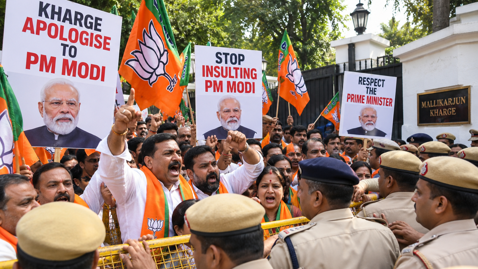Delhi BJP Protests Near Mallikarjun Kharge’s Residence, Demands Apology to PM Modi