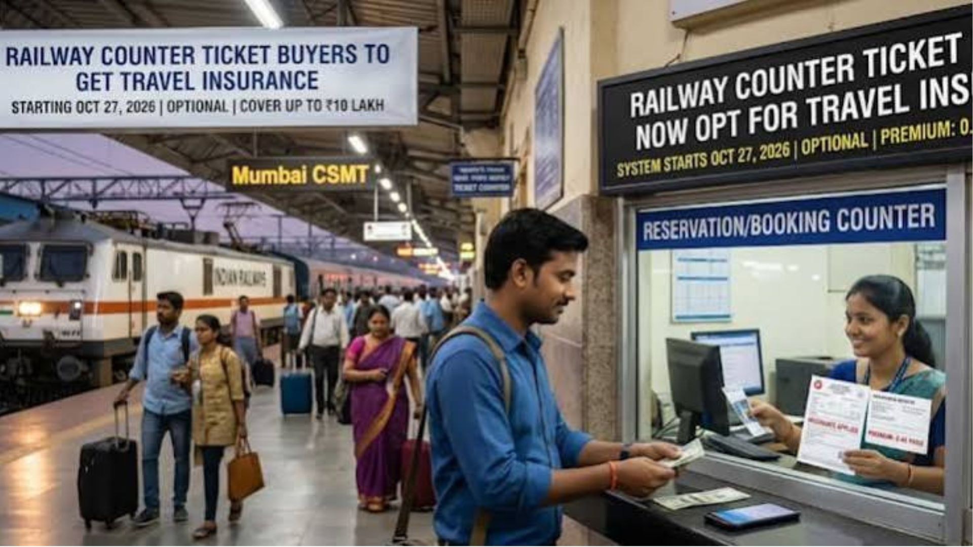 Passengers buying reserved railway tickets at reservation counters can opt for travel insurance cover of up to ₹10 lakh for 45 paise per person.